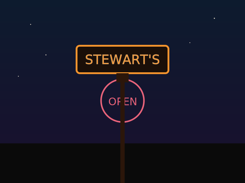 Stewart's neon marquee sign glowing at night on the boardwalk